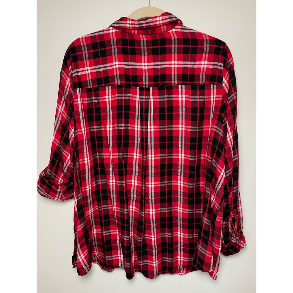Lane Bryant Red Black Plaid Metallic Roll Tab Sleeve Button Front Shirt 26/28 - Picture 6 of 9
